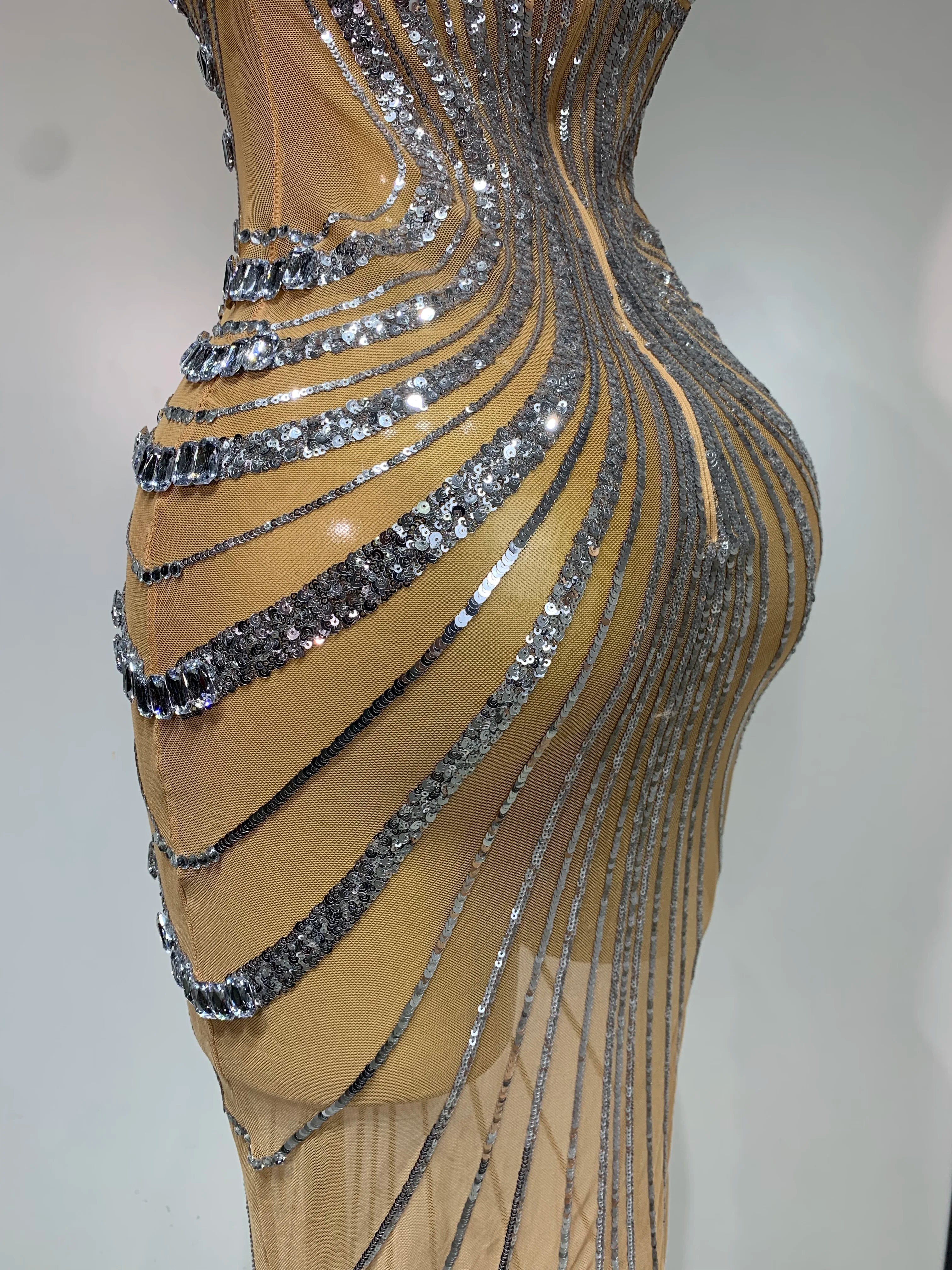 2025 Luxury Sexy Silver Rhinestone White Mesh See Through Long Dress Women Birthday Party Prom Gown Singer Nightclub Outfit