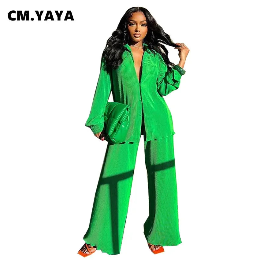 Pleated Solid Women Set Long Sleeve Shirts and Straight Wide Leg Pants Suits Tracksuit Two Piece Set Fitness Outfits