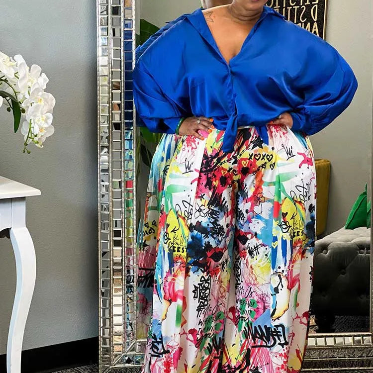 2piece Woman Outfit Streetwear Blue Silk Blouses Women Plus Size Autumn Top and Pants Suits 4xl Casual Female Pants Sets