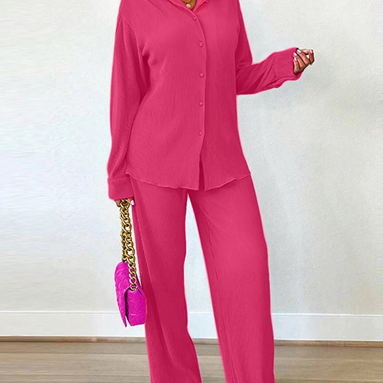 Plus Size 5XL VONDA Women Sets 2025 Autumn Casual Lapel Loose Two-Piece Suits Elegant Tops and Wide Leg Pants Matching Sets Rose