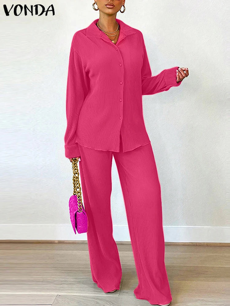 Plus Size 5XL VONDA Women Sets 2025 Autumn Casual Lapel Loose Two-Piece Suits Elegant Tops and Wide Leg Pants Matching Sets Rose
