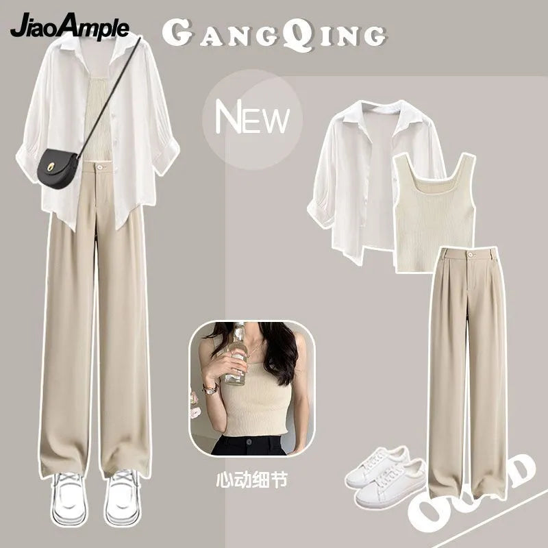 Women's Summer Suit 2024 New Casual Sunscreen Shirt Top+Strap+Casual Pants 3 Piece Korean Elegant Blouse Trousers Matching Set