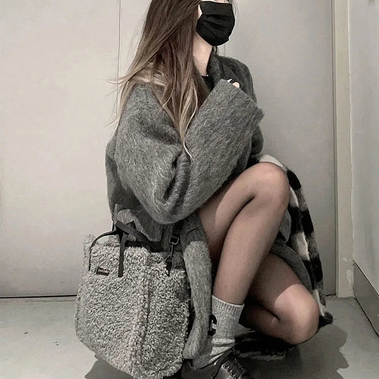 Lautaro Autumn Winter Grey Black Warm Soft Woolen Blazer Women Long Sleeve Single Breasted Korean Fashion New in Coats & Jackets