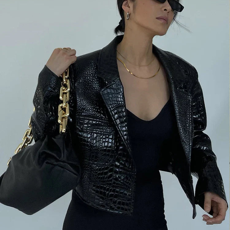 Spring Autumn Short Cool Stylish Shiny Reflective Crocodile Print Patent Pu Leather Jacket Women Runway Fashion 2023