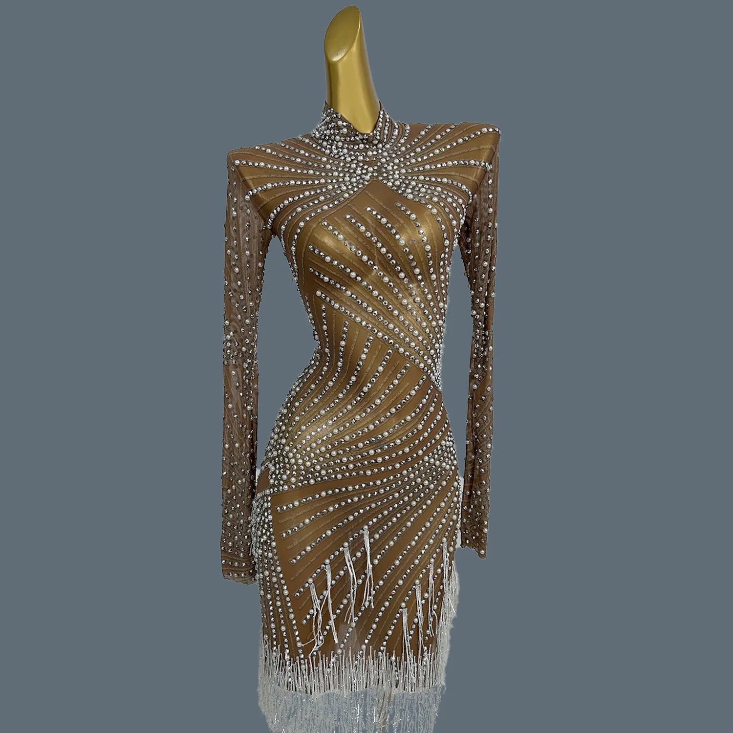 Sexy Sheer Mesh Latino Dance Dress For Women Party Club Night Stage Performance Sexy Costume Birthday Prom Bodycon Dress Zonglv Brown One Size