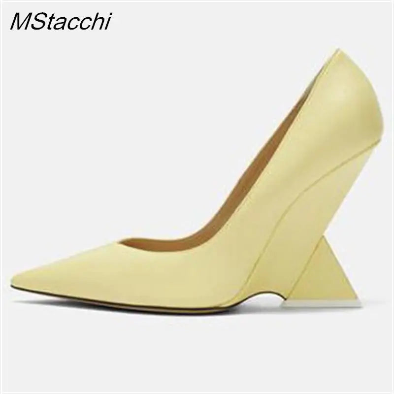 Runway Women Heels Pumps 2025 Designer Shoes Patent leather Pointed Toe Slingback Shallow Luxury Brand Strange Heel Woman Shoes light yellow