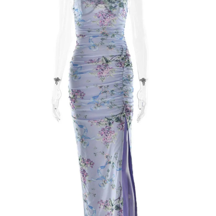 Blue Floral Print Mesh Maxi Dress For Women Gown Zipper Spaghetti Strap Sleeveless Backless Split Club Party Long Dress PURPLE