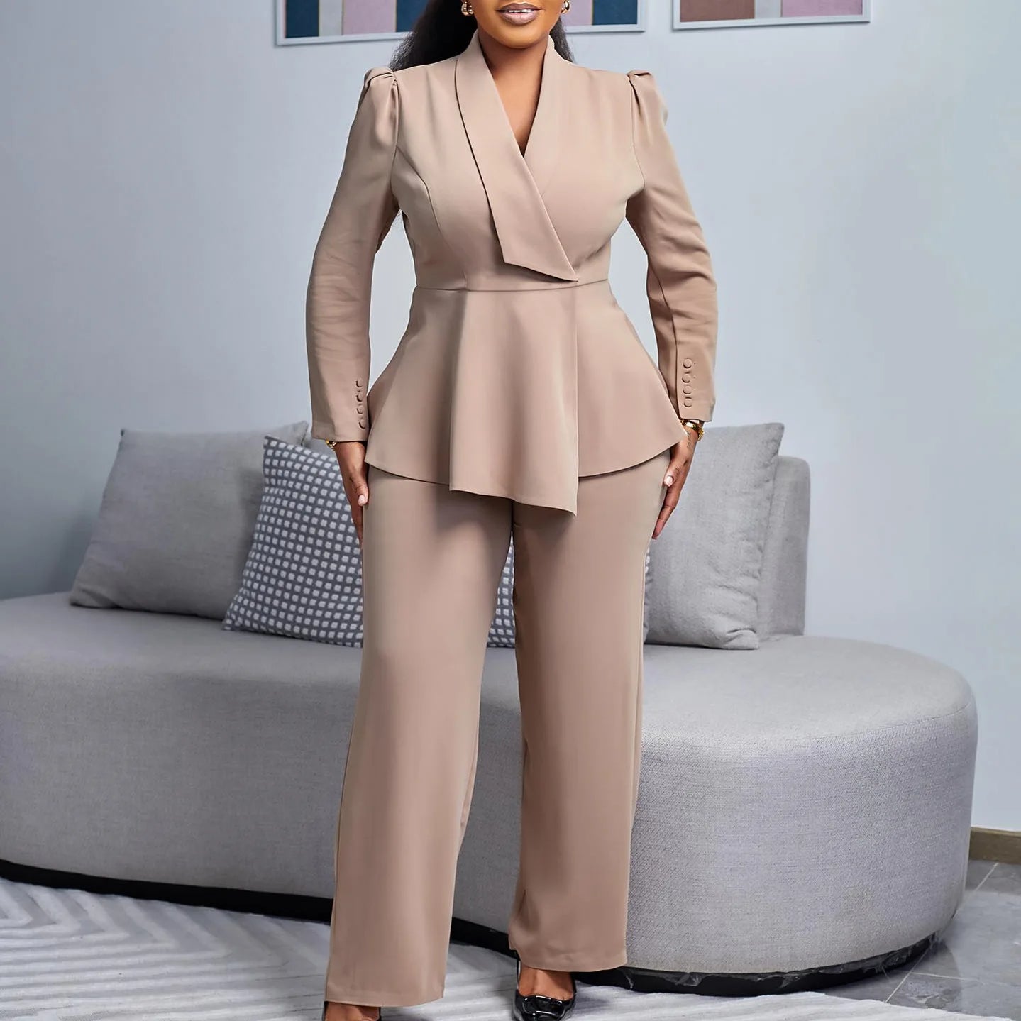 2 Piece Women Sets 2025 Plus Size Spring Autumn Matching Sets Red Two Pieces Sets Top Pants Suits Outfits Clothing Khaki
