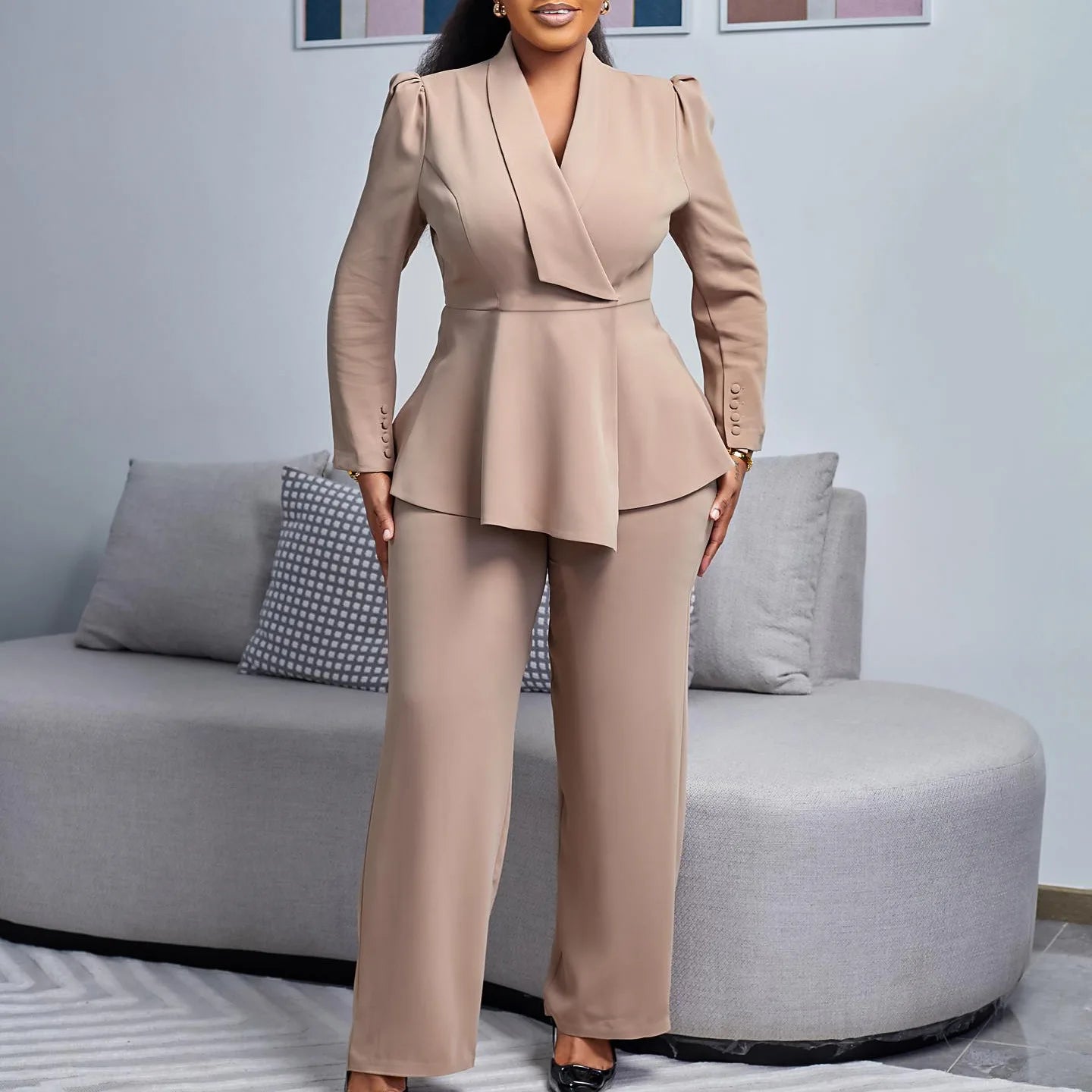 2 Piece Women Sets 2025 Plus Size Spring Autumn Matching Sets Red Two Pieces Sets Top Pants Suits Outfits Clothing Khaki