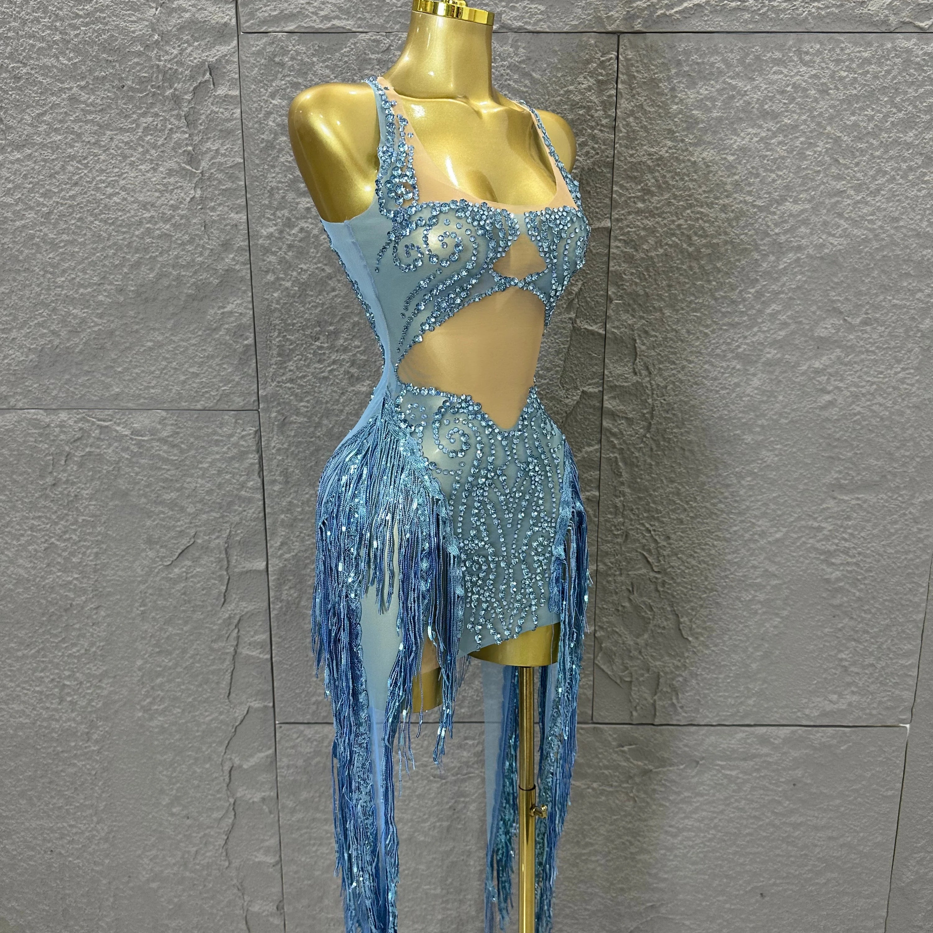 Refined Blue Spaghetti Strap Mini Dress Women Sheer Mesh Rhinestone Fringe Embellished Latin Dance Performance Costume