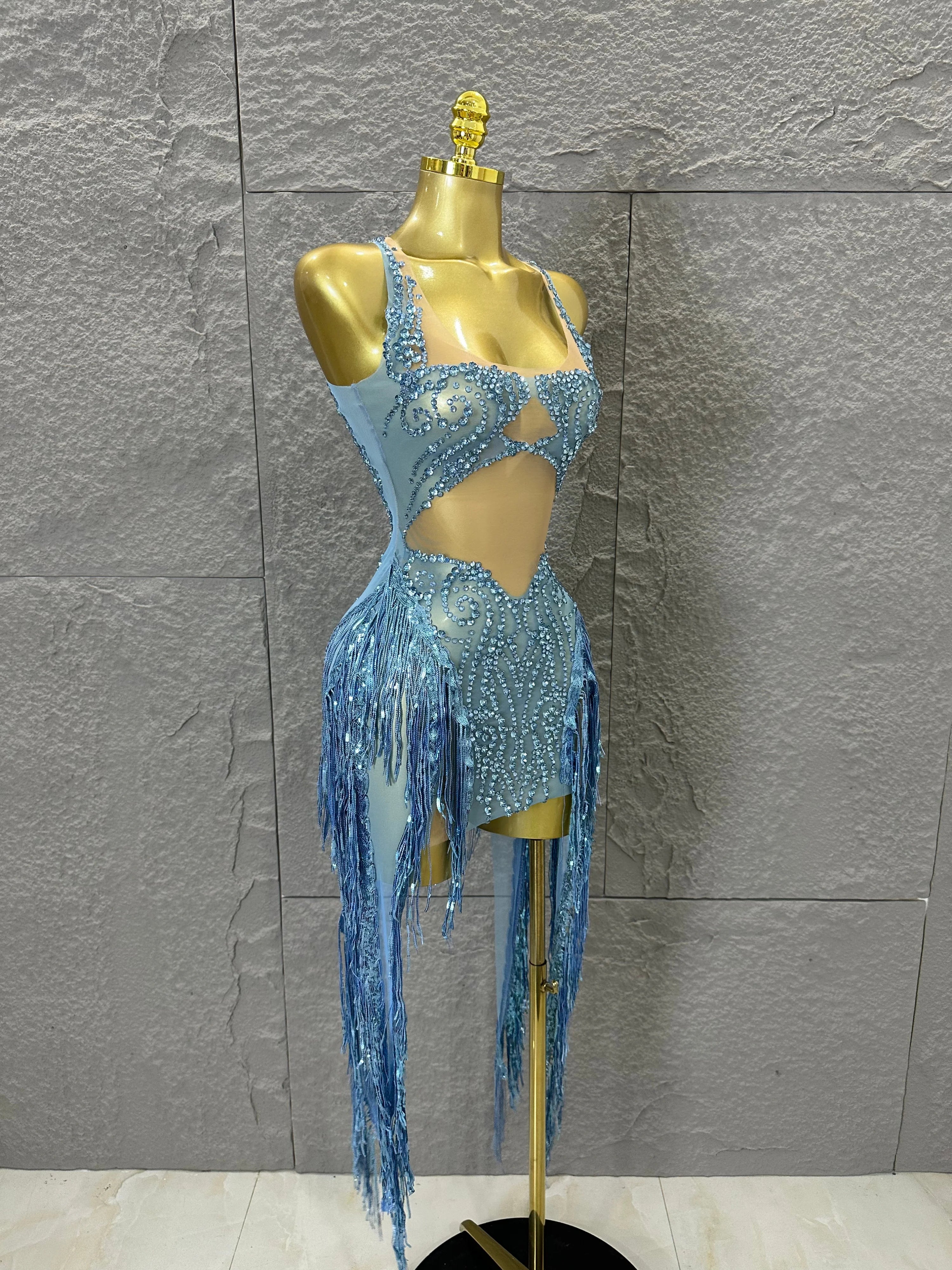 Refined Blue Spaghetti Strap Mini Dress Women Sheer Mesh Rhinestone Fringe Embellished Latin Dance Performance Costume