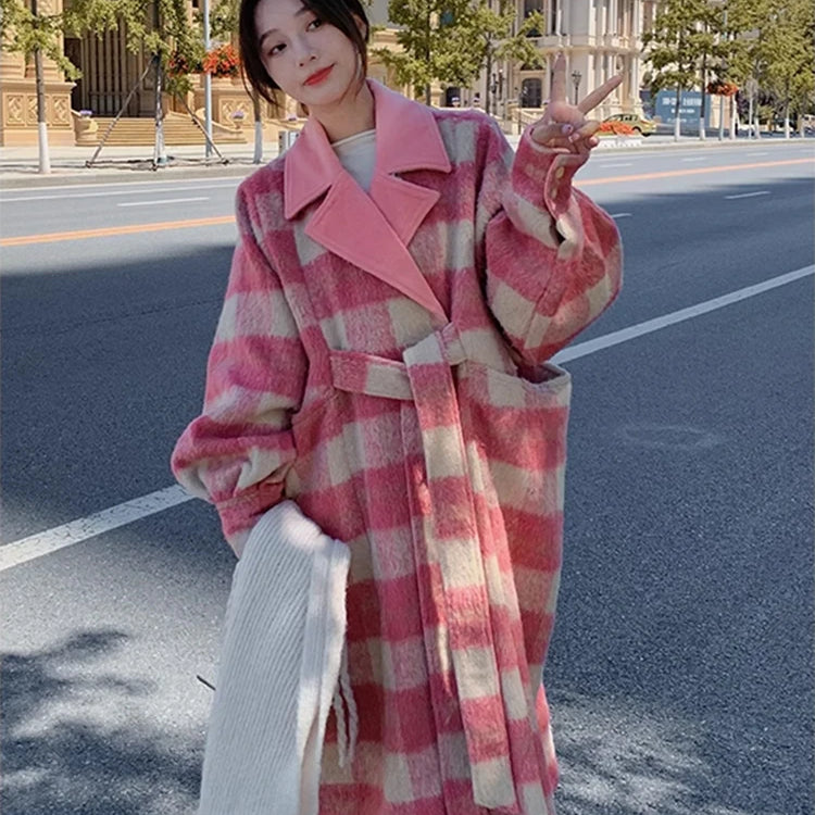 Lautaro Autumn Winter Long Oversized Warm Soft Thick Colorful Woolen Coat Women Sashes Loose Casual Korean Fashion Overcoat 2025