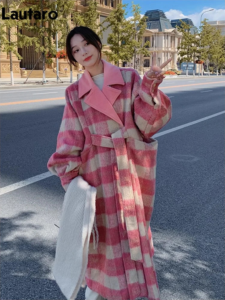Lautaro Autumn Winter Long Oversized Warm Soft Thick Colorful Woolen Coat Women Sashes Loose Casual Korean Fashion Overcoat 2025