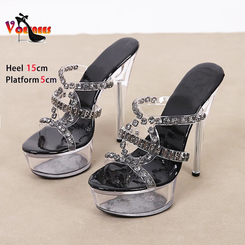 Luxury Rhinestone Crystal Slippers 15CM Thin Heel Lady Platform Slide Sandals Sexy Stripper Heels Summer Women Transparent Shoes As Picture Shown 1