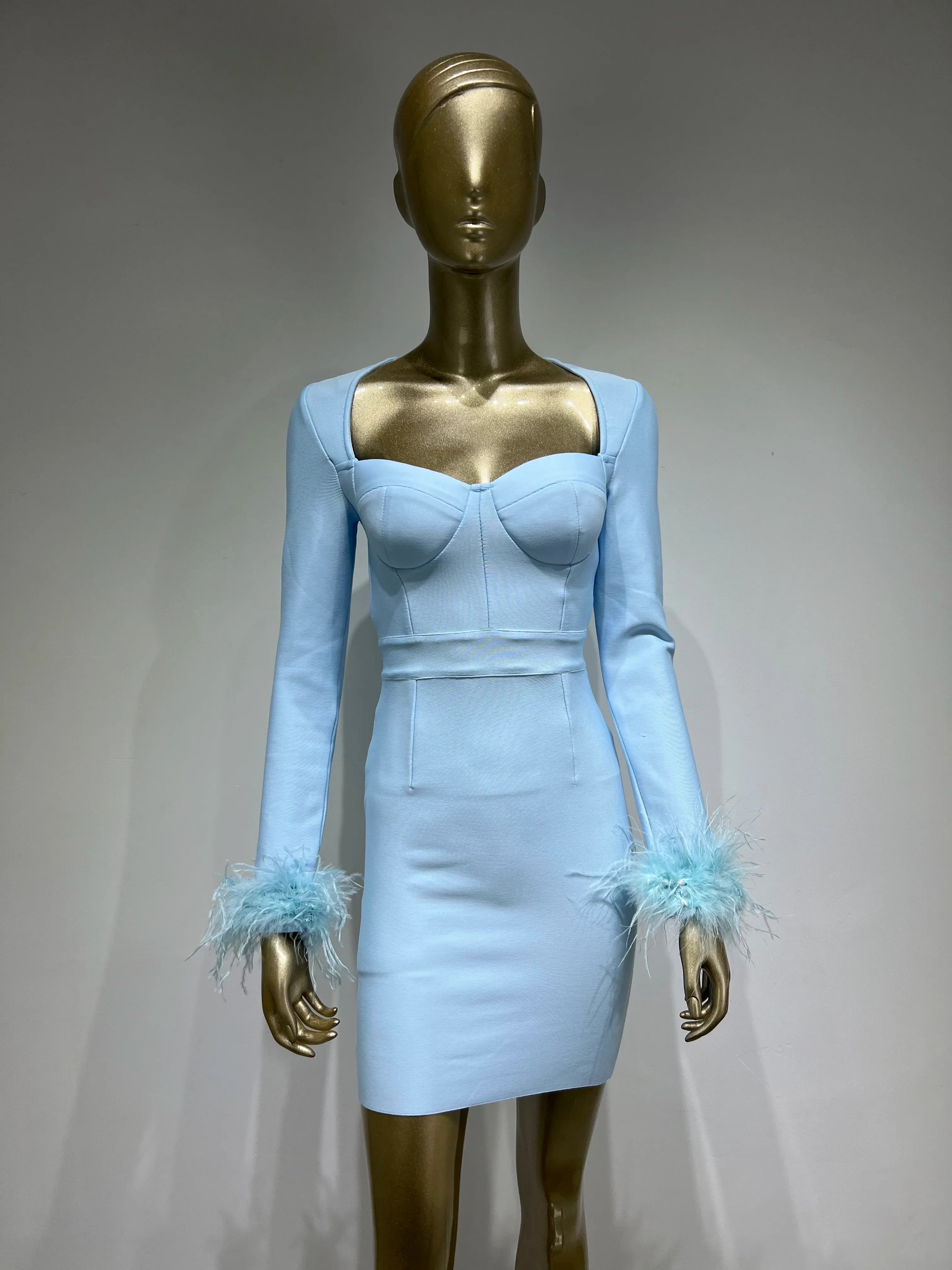 2022 New Winter Women Long Sleeve Square Collar Bodycon Mini Dress Feathers Rayon Bandage Fashion Elegant Evening Party Dress Sky blue