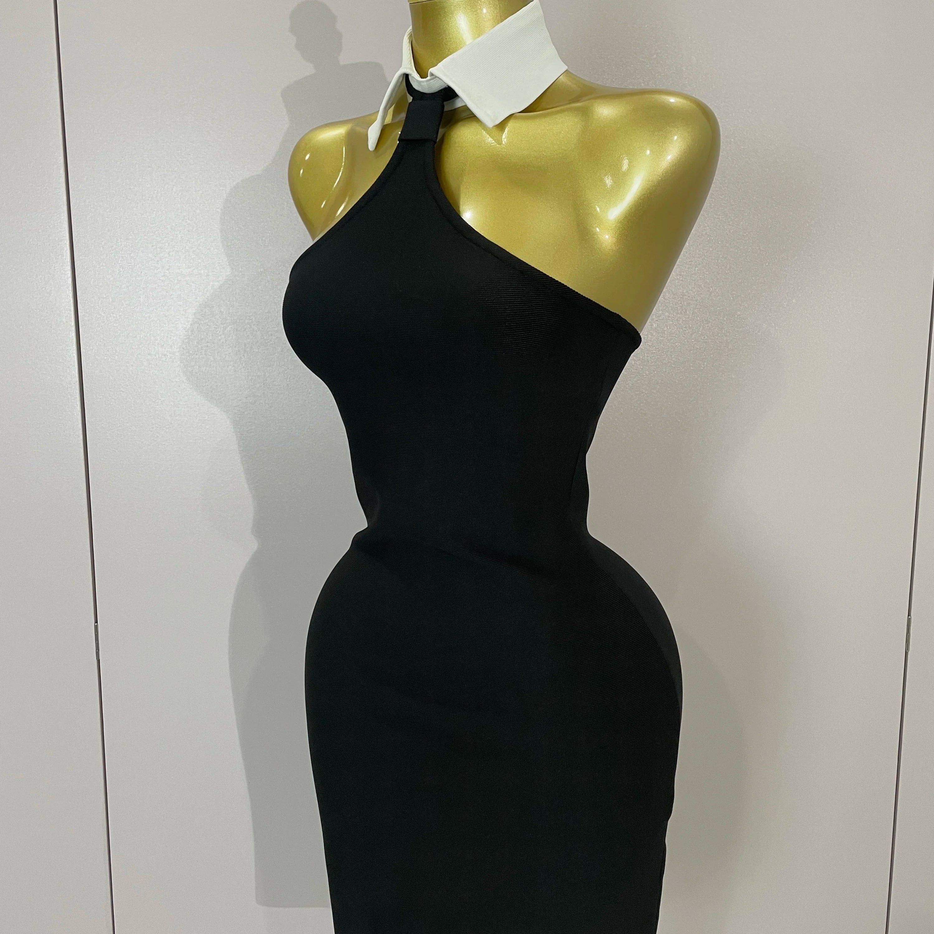 Sexy Backless White Shirt Collar Black Mini Bodycon Bandage Dress 2025 Women Elegant Evening Club Party Luxury Birthday Dresses