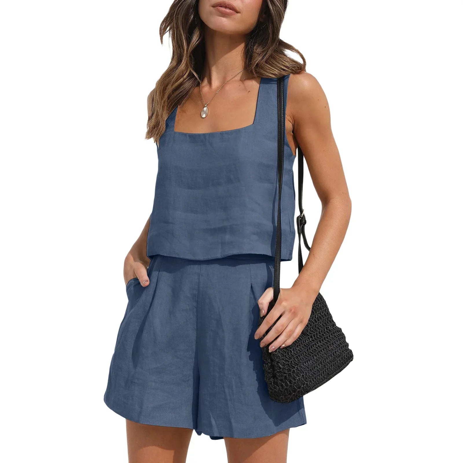 Short Suit Women 2 Pieces Set Vest Shorts Outfit Solid Color Sleeveless Spring Summer Pockets Casual Daily Linen Female Clothing Royal blue