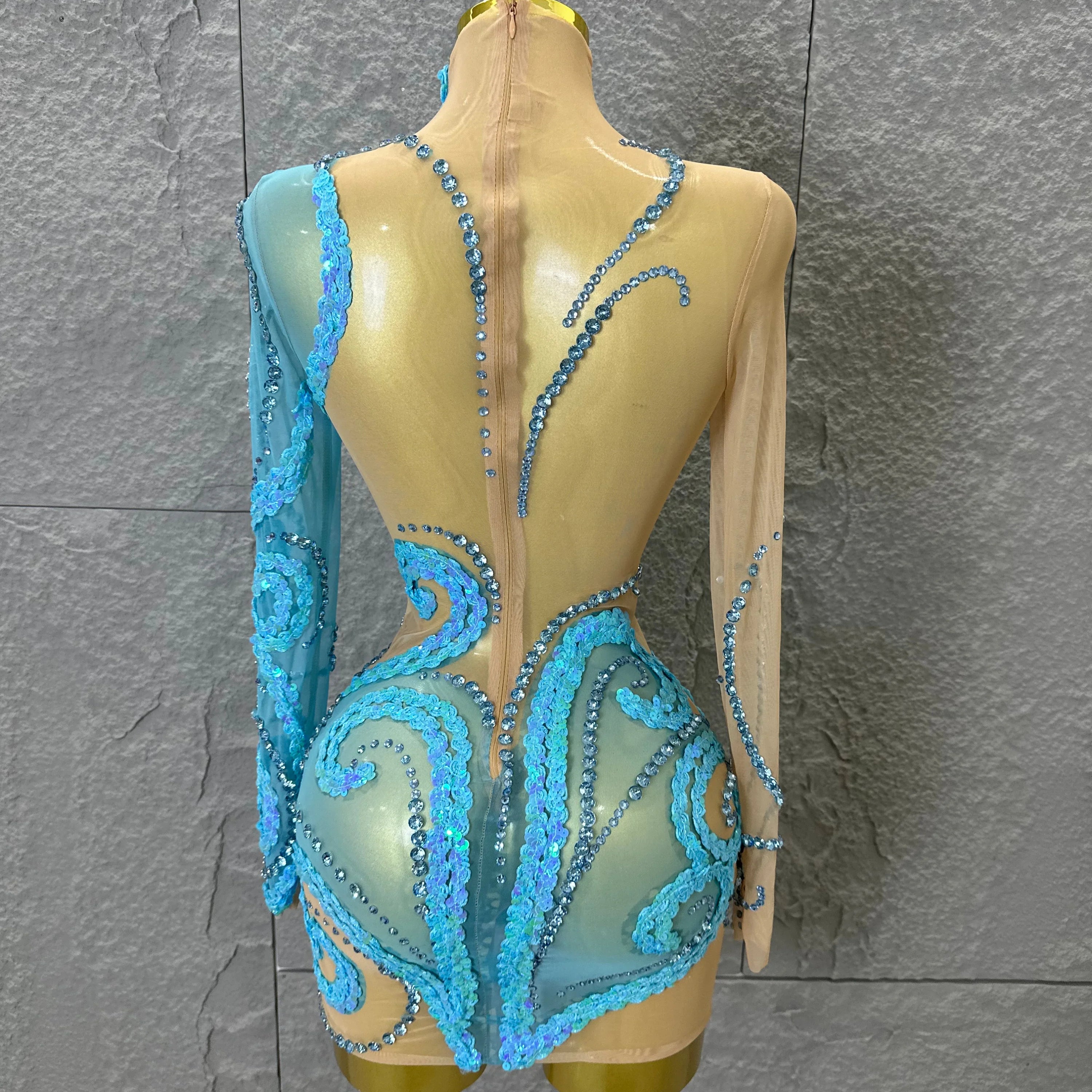 Luxury Sheer Mesh Bodycon Gown Cocktail Party Red Carpet Performance Outfit Elegant Blue Crystal Embellished Mini Dress Women