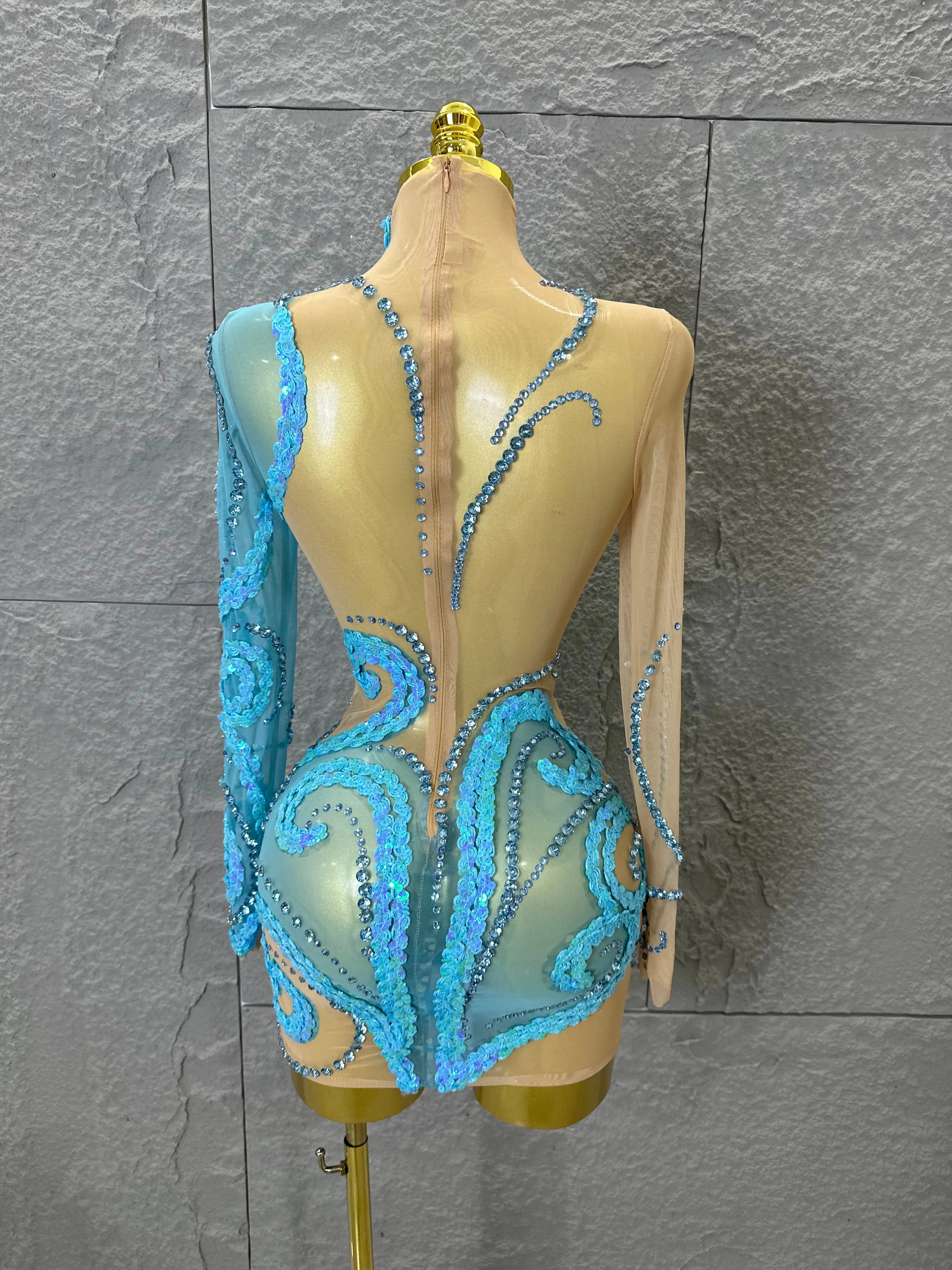 Luxury Sheer Mesh Bodycon Gown Cocktail Party Red Carpet Performance Outfit Elegant Blue Crystal Embellished Mini Dress Women