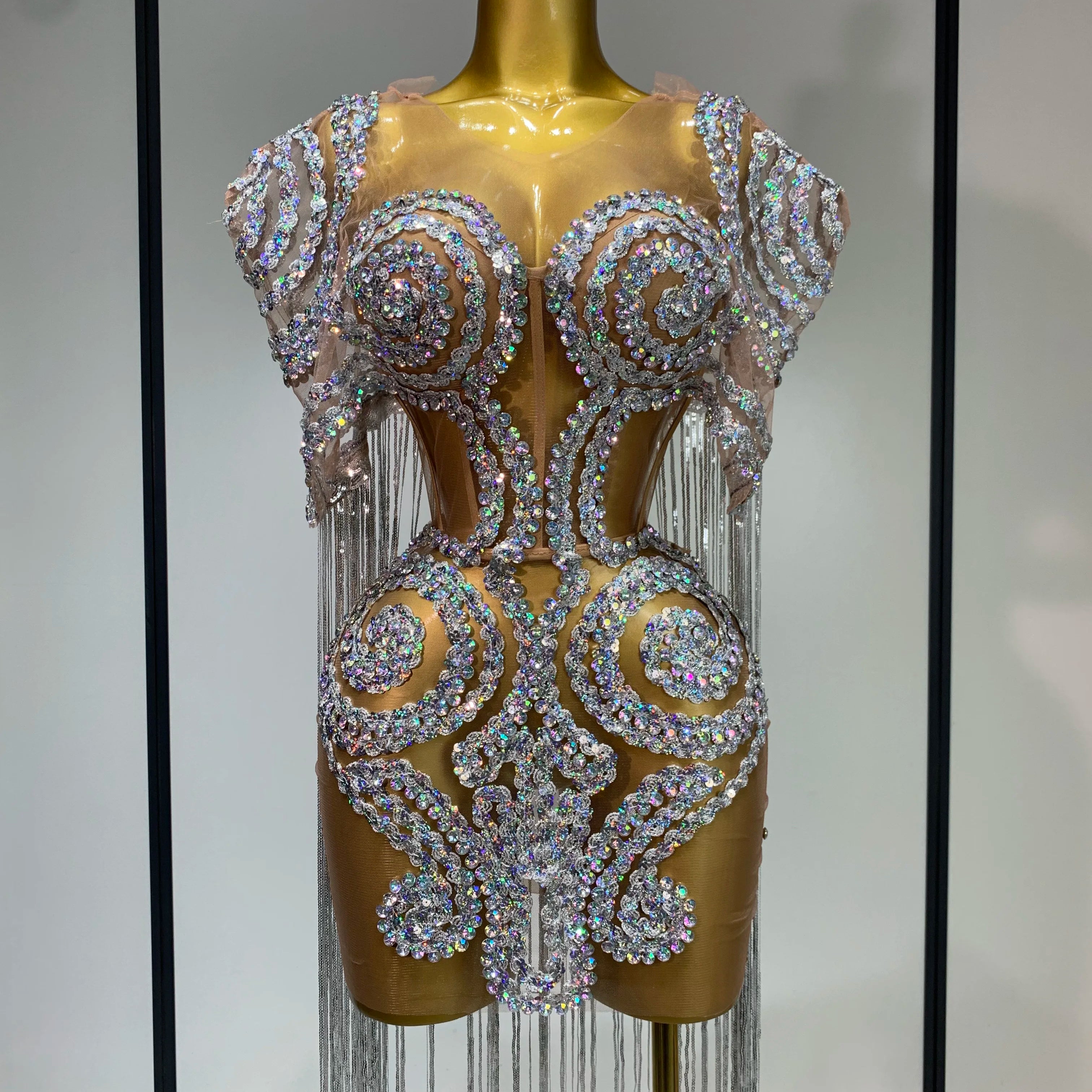 Sparkly Rhinestones Tassel Sexy Mesh Transparent Short Dress Women Evening Party Luxury Birthday Nightclub Singer Stage Costume MULTI