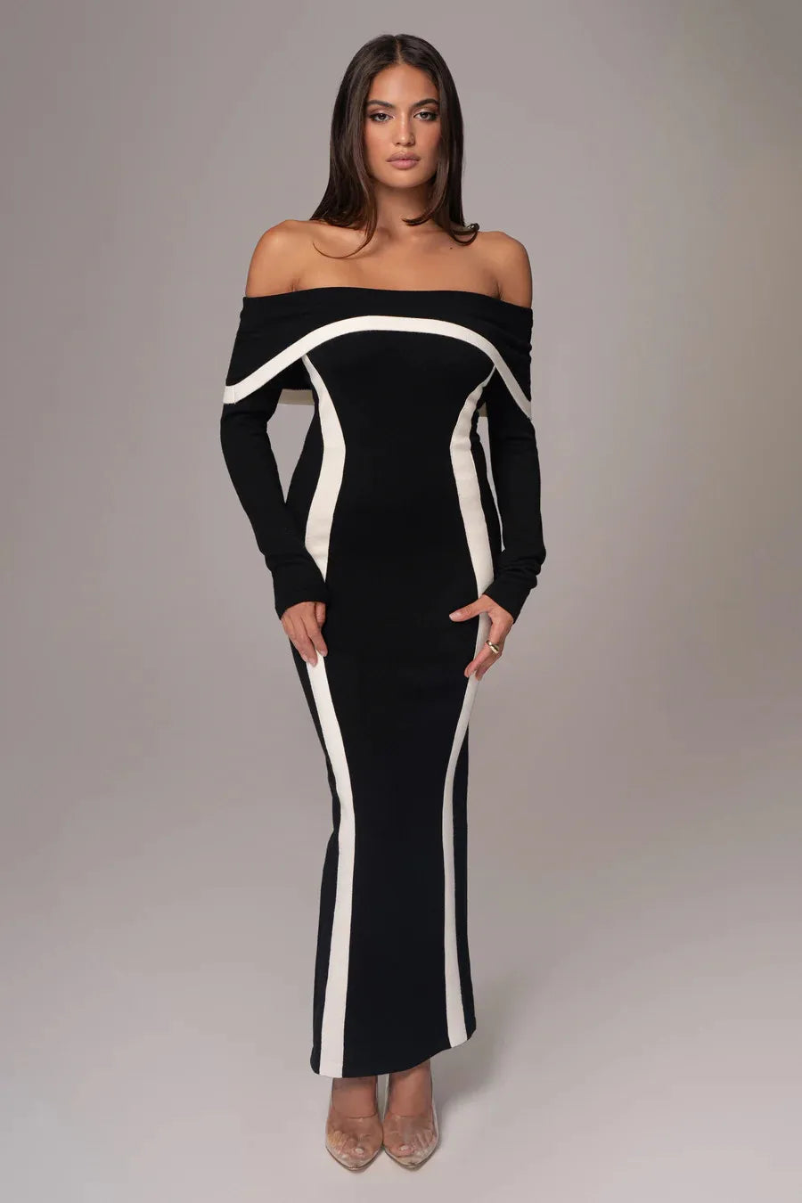 Black Brown Color Women Long Sleeve Sexy Slash Neck Off the Shoulder Bodycon Bandage Long Dress Celebrate Evening Party Dress black