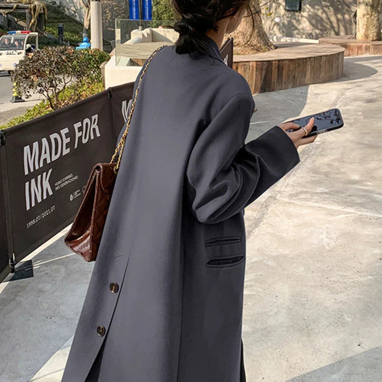 Autumn Long Coffee Flowy Blazer Coat Women with Back High Slit Double Breasted Loose Casual Korean Fashion Overcoat 2024