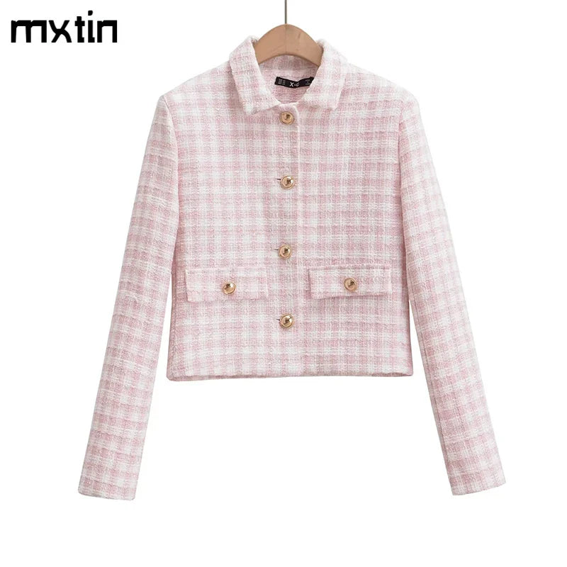 Women's Jacket Autumn Vintage Tweed Blazers Coats Fashion Single-breast Pink Plaid Suit Female New in Outerwears Clothing Top