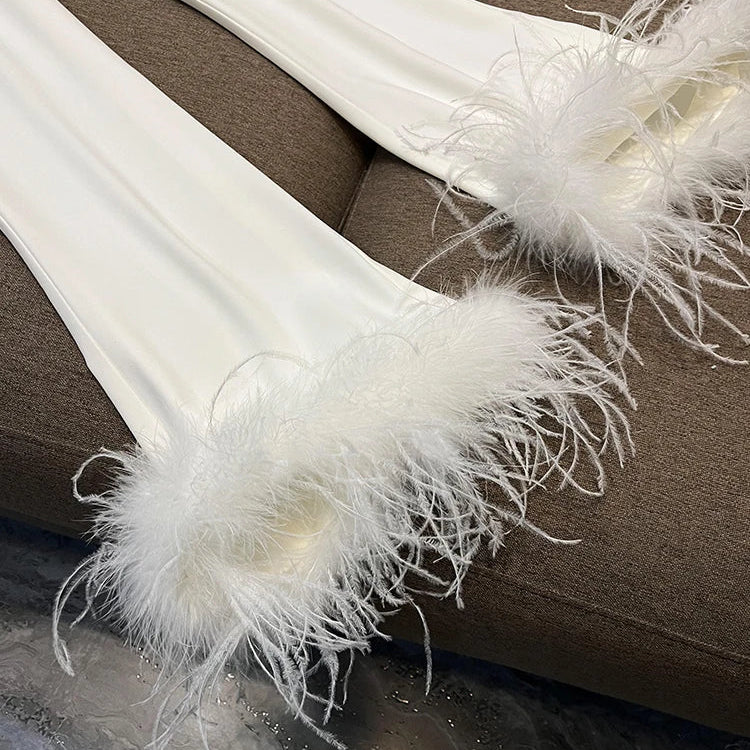 Feather Sleeve Pant Sets Blazer Pantsuits Two Pieces Set Spring Satin Collar Jacket Straight Pants Suits Outfits Women