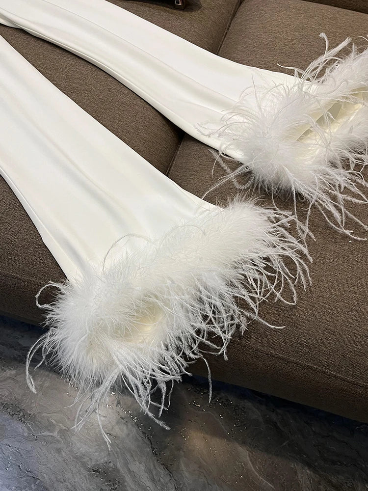 Feather Sleeve Pant Sets Blazer Pantsuits Two Pieces Set Spring Satin Collar Jacket Straight Pants Suits Outfits Women