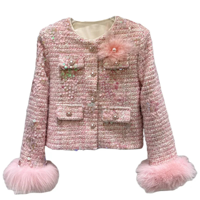 Winter New High-End Fashion Style Fox Fur Sleeve Sequin Tweed Cotton Short Coat For Women Elegant Jacket 11A07932