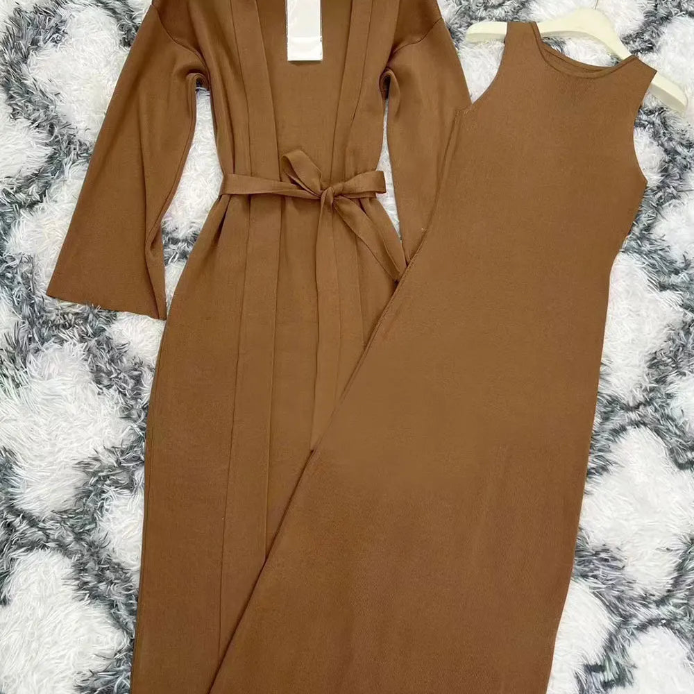 Women's Knitted Long Dress Sets with Polo Collar Long Sleeves Waistband Tie up Cardigan Long Coat+Sleeveless Dress Two Piece Set Dark brown