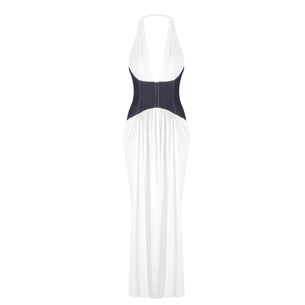 Glamorous Halter V-Neck White Maxi Dress with Black Corset Style Detail and Open Back for a Gala Event Gown AS PIC