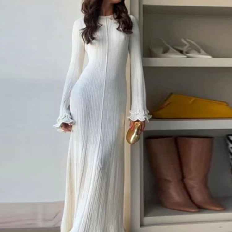 Elegant V Neck Denim Patchwork Knitted Long Dress Women Fashion Short Sleeved Buttons Bodycon Dresses Office Lady Pockets Robes Ivory