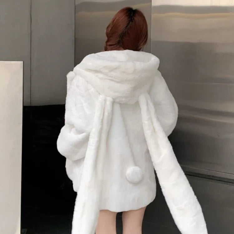 Winter Oversized Warm White Faux Fur Coat Women ith Bunny Ears Kawaii Sweet Cute Japanese Style Fluffy Jacket Hoodie
