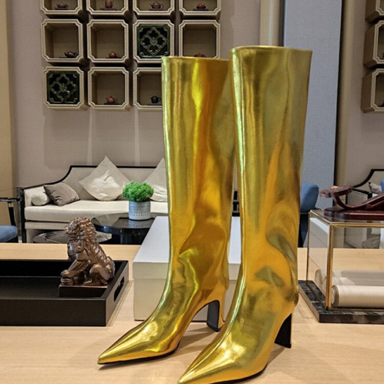 Women's New Pointed Thick Heel Sleeve Knee High Boots Fashion Fashion Show Gold Large Winter Boots 263golden