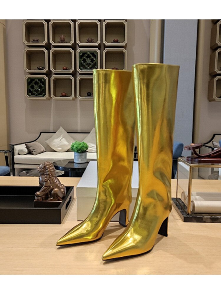 Women's New Pointed Thick Heel Sleeve Knee High Boots Fashion Fashion Show Gold Large Winter Boots 263golden