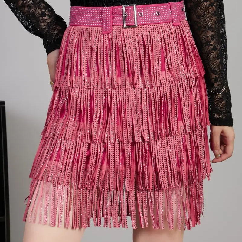 Women Skirt Fashion New Autumn High Waist Belt Multi Layer Short Heavy Drilling Rhinestones Fringed Skirt with Cake A Line pink skirt