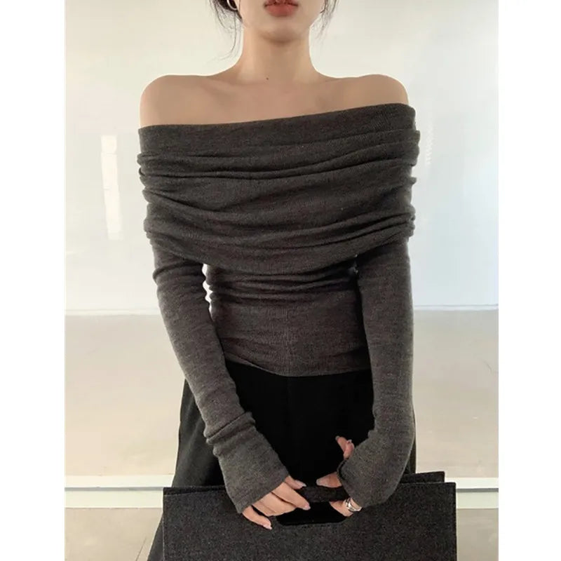Women Off Shoulder Slash Neck Sweater Long Sleeve Knitwear Solid Thin Pullovers Office Lady Elegant Tops Women Fall Winter