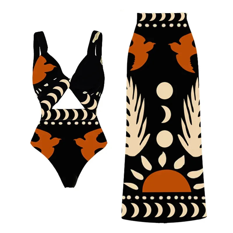 New Hollow Out One Pieces Swimwear+Skirt Bathing Suit Retro Matching Set for Women Two Peices Swimwsuit Bikinis Monokini Set 3