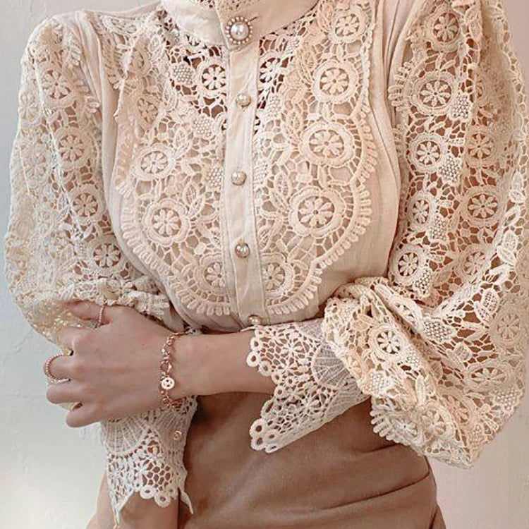 Women Chiffon Button Turtleneck Shirt Chic Elegant Floral Lace Fluffy Long Sleeve Top Fashion Hollow Oversize White Blouse 2025 apricot