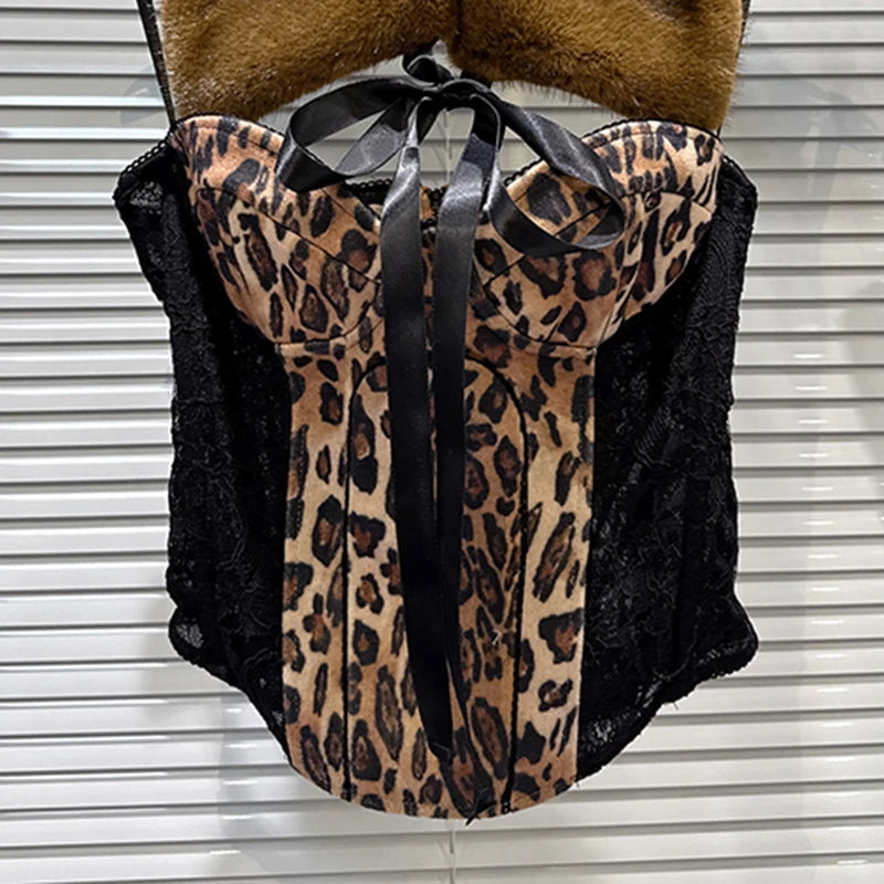 Winter New Trendy Fashion Furry Tie Shawl For Women Leopard Print Fishbone Backless Strap Camisole Female 11A07942