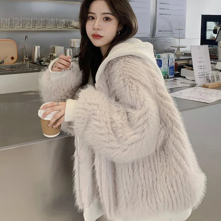 Autumn Winter Loose Casual Hairy Shaggy Soft Warm Faux Fur Coat Women with Hood Long Sleeve Zipper Korean Fashion 2022