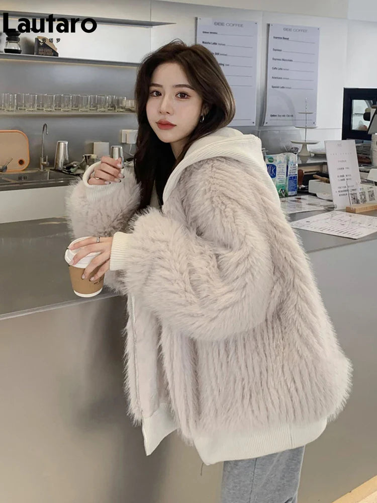 Autumn Winter Loose Casual Hairy Shaggy Soft Warm Faux Fur Coat Women with Hood Long Sleeve Zipper Korean Fashion 2022