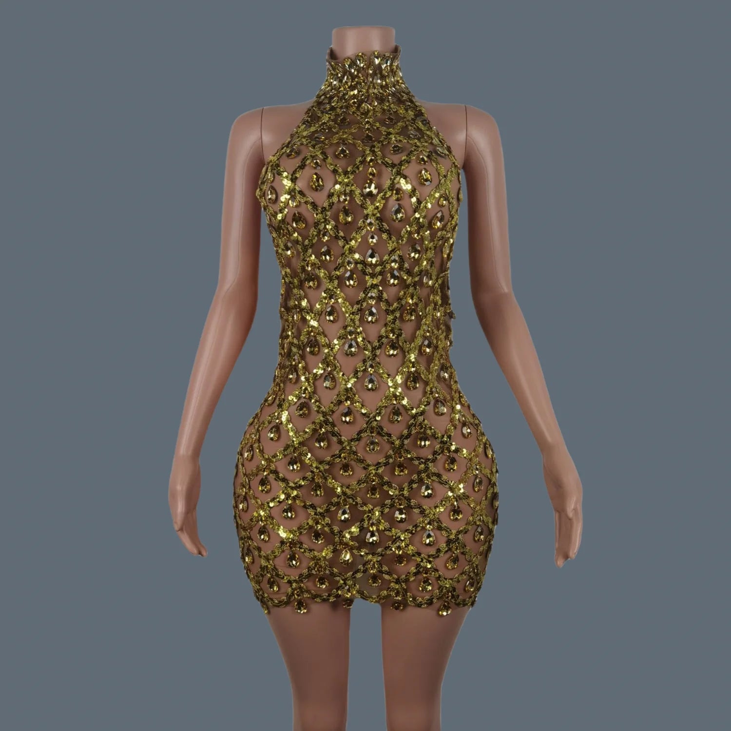 Sparkly Sequins Crystals Summer Mini Dress Sexy Sleeveless See Through Mesh Women Party Dress Event Singer Show Wear Shaokaojia Gold One Size