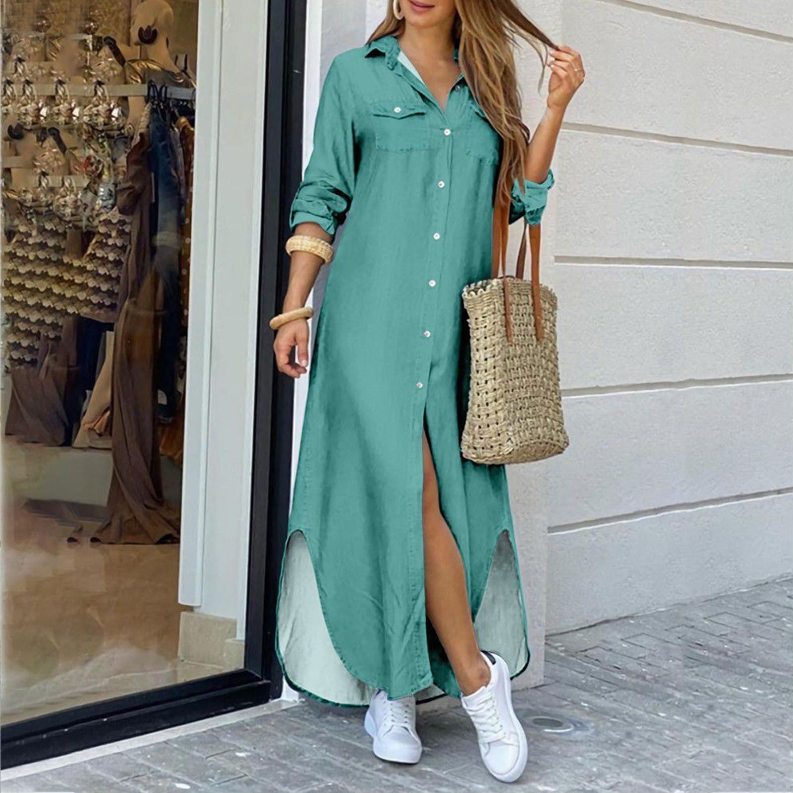 Summer Fashion Elegant Shirt Dress Women - Print Long Sleeve Button Ladies Office Holiday Casual Clothing Female Maxi Dress