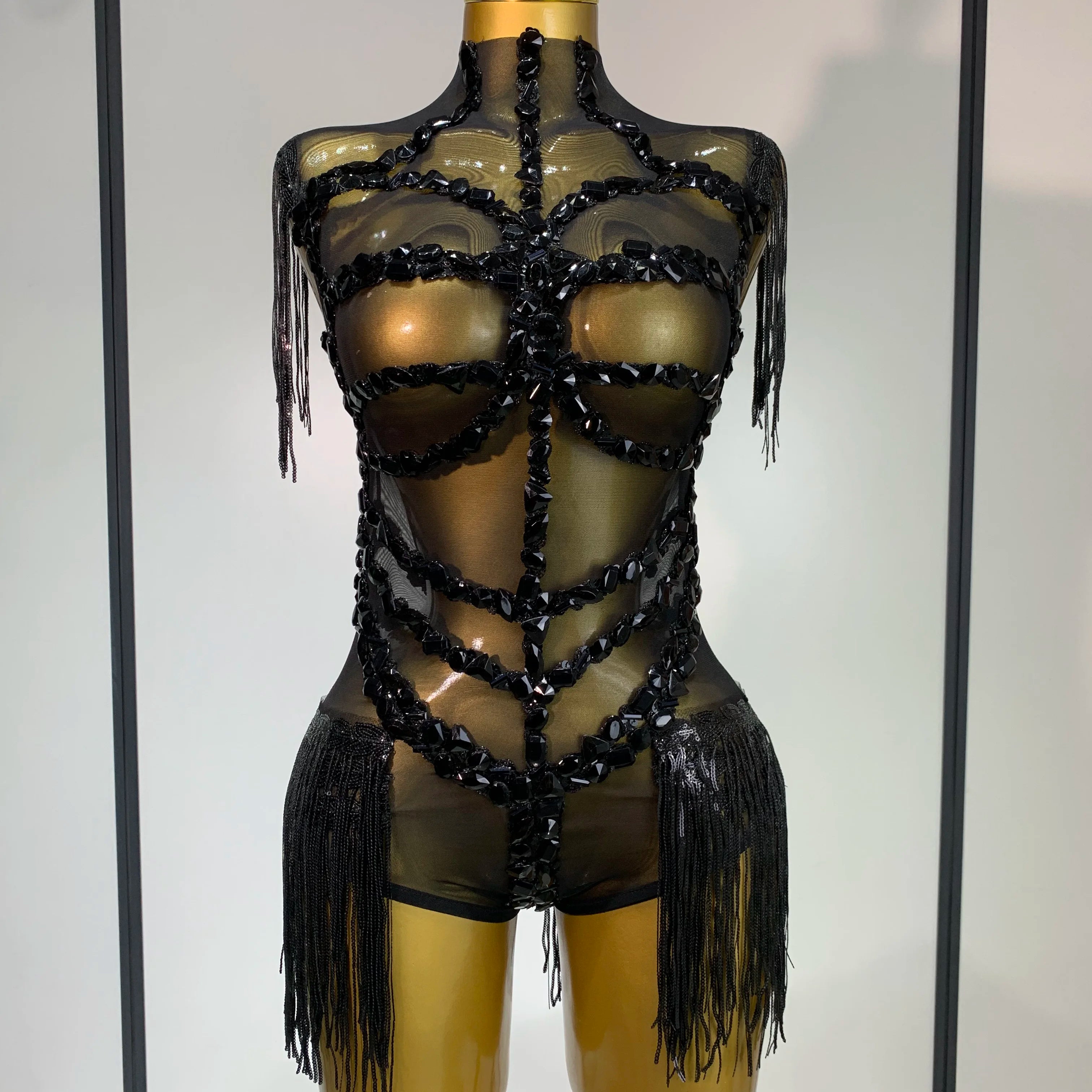 Sexy Mesh SeeThrough Black Rhinestone Bodysuit Singer Dancer Show Stage Outfit Celebrate Birthday party Club Performance Waer black