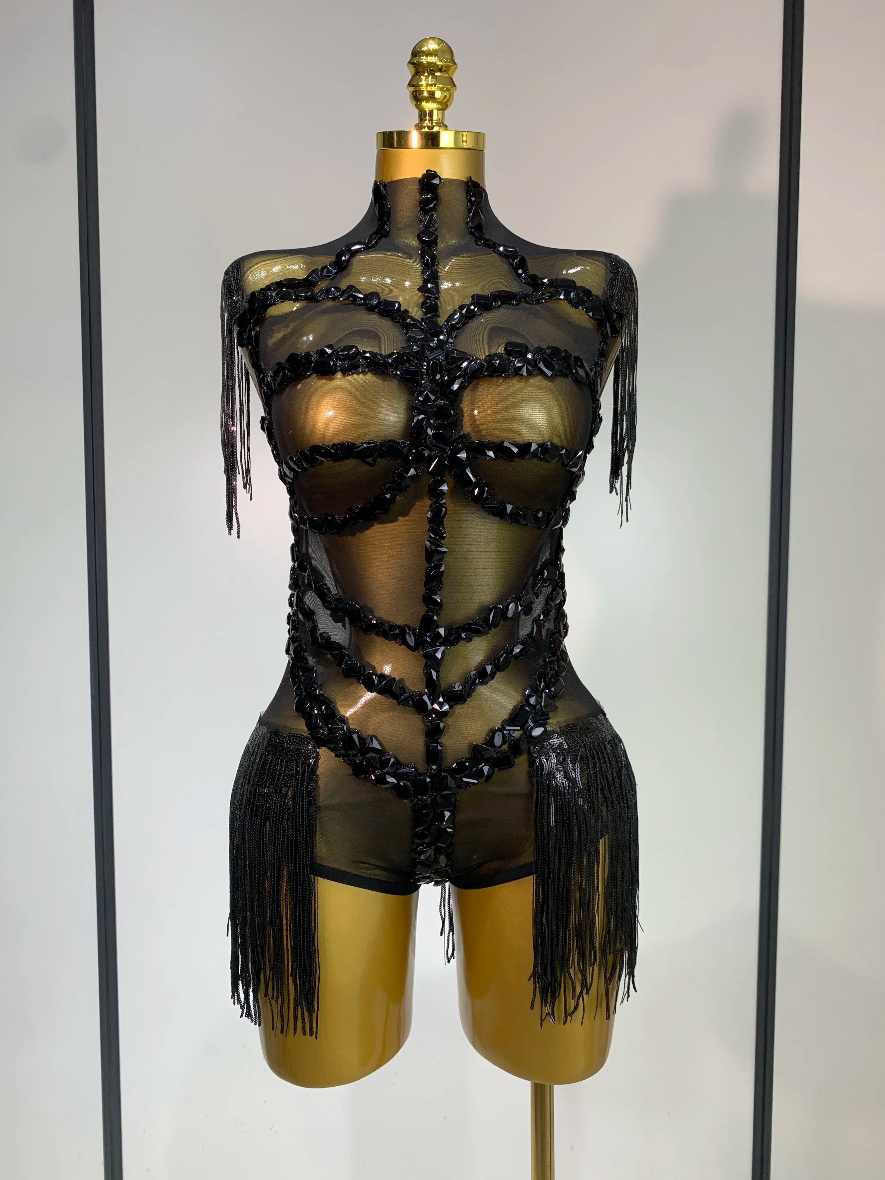 Sexy Mesh SeeThrough Black Rhinestone Bodysuit Singer Dancer Show Stage Outfit Celebrate Birthday party Club Performance Waer black