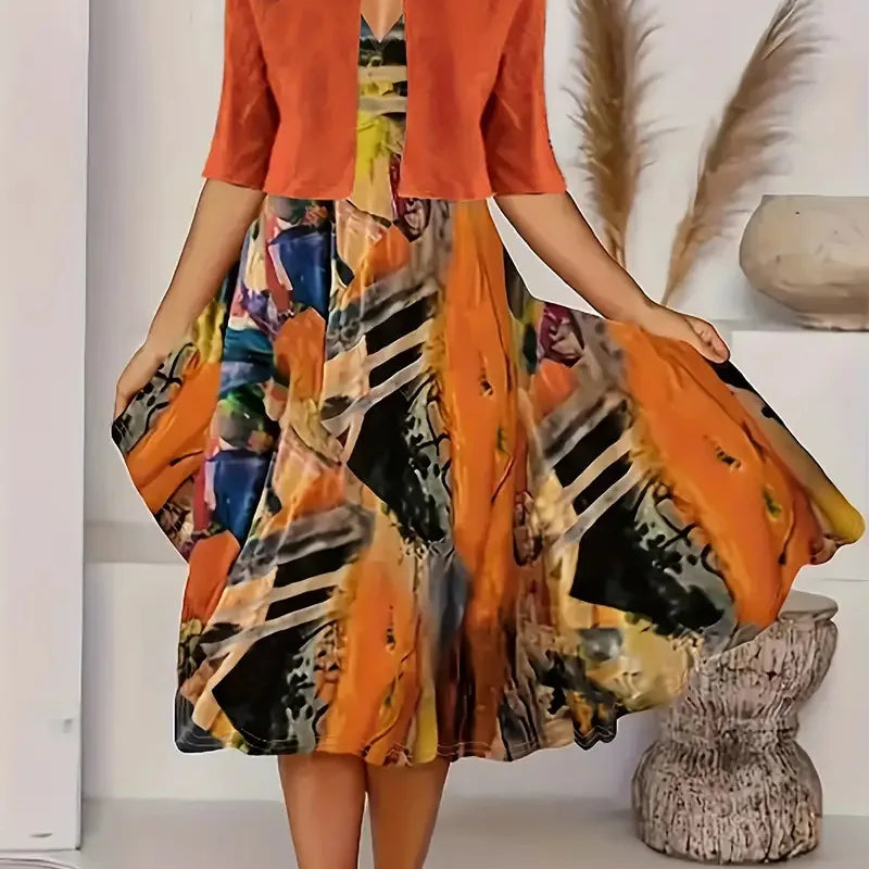 2025 autumn new women's long crewneck printed dress short needle two-piece cardigan short coat Orange