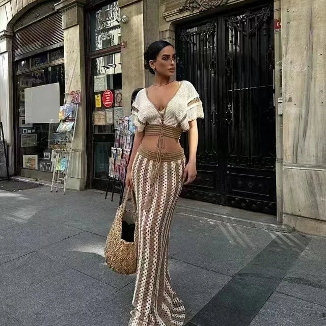 Women's Set Short Sleeve V-neck Top + Long Skirts Suit Summer Knitted Hollow Out Streetwear Beach Sexy Two 2 Piece Sets Dark Brown