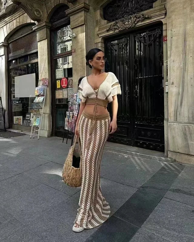 Women's Set Short Sleeve V-neck Top + Long Skirts Suit Summer Knitted Hollow Out Streetwear Beach Sexy Two 2 Piece Sets Dark Brown